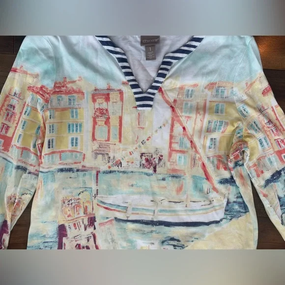 Chico’s Artistic Print Tunic Top Coastal Travel Casual Soft Knit Size L - Picture 3 of 7